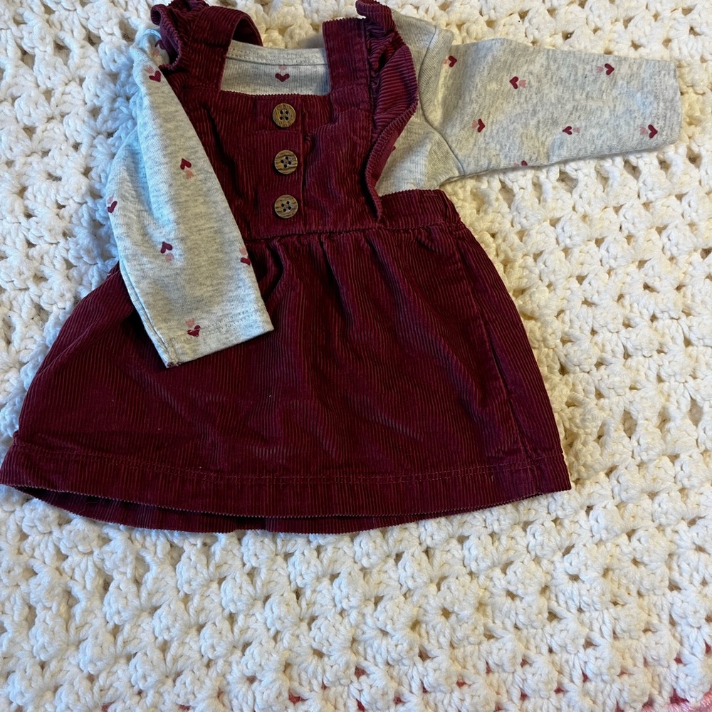 Carter's Burgundy Pinafore with Gray Heart Top